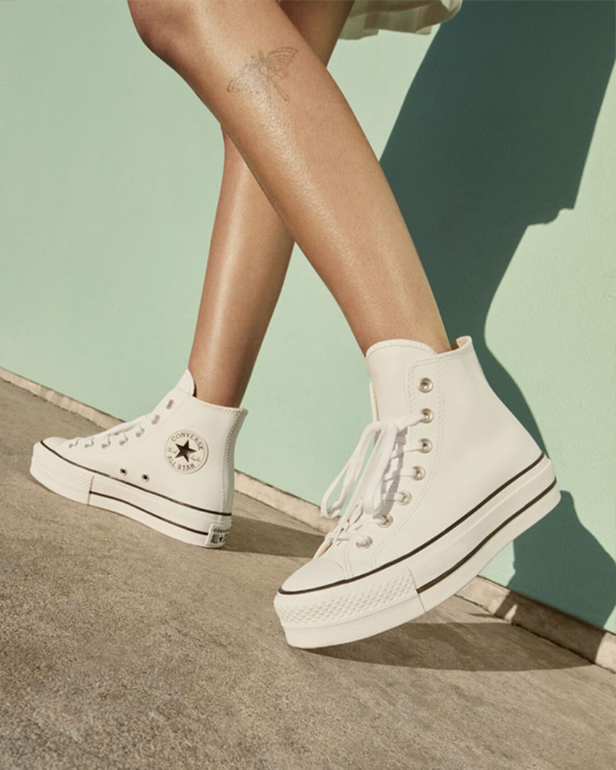 Sapatos Plataforma Converse Chuck Taylor All Star Lift Couro Cano Alto Feminino Branco Pretas Branco | PT X01P735